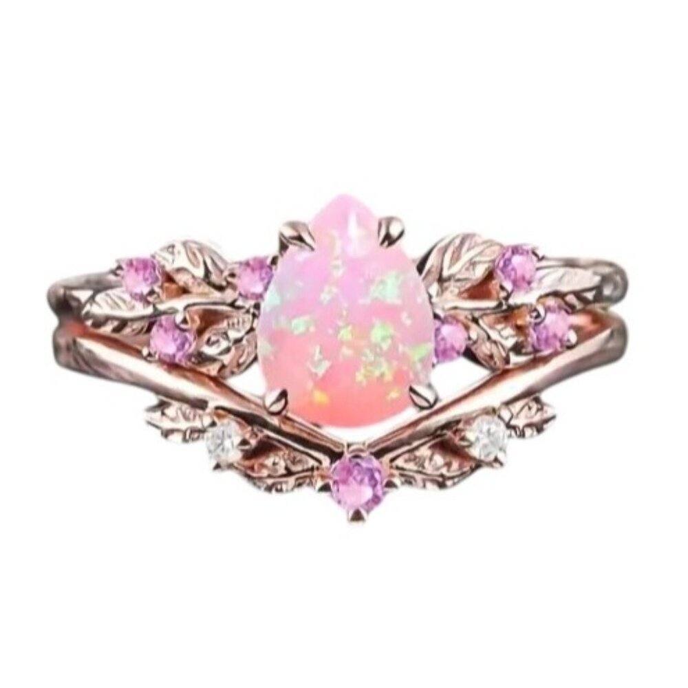 2 Pieces Pear Cut Ethiopian Pink Fire Opal Engagement Ring Set 14K Gold plated